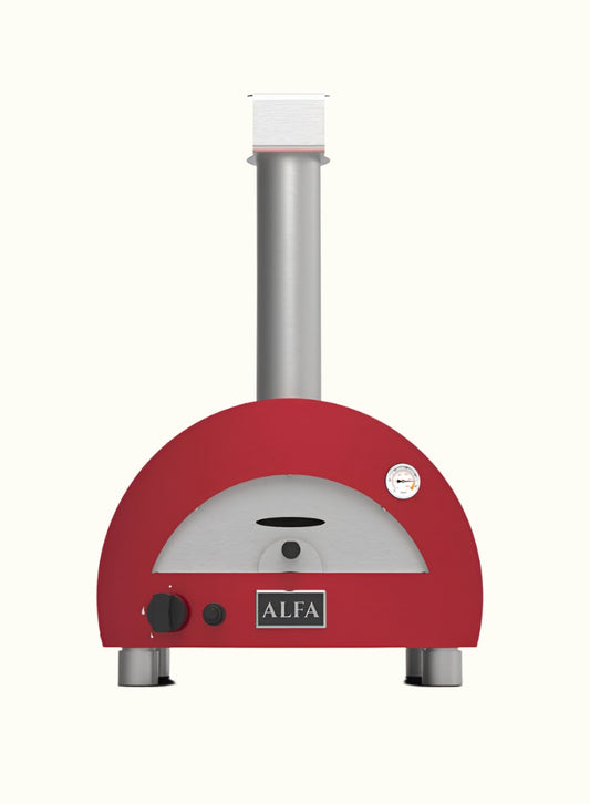 A red ALFA MODERNO portable propane pizza oven, with a button to open a larger pop-up view.
