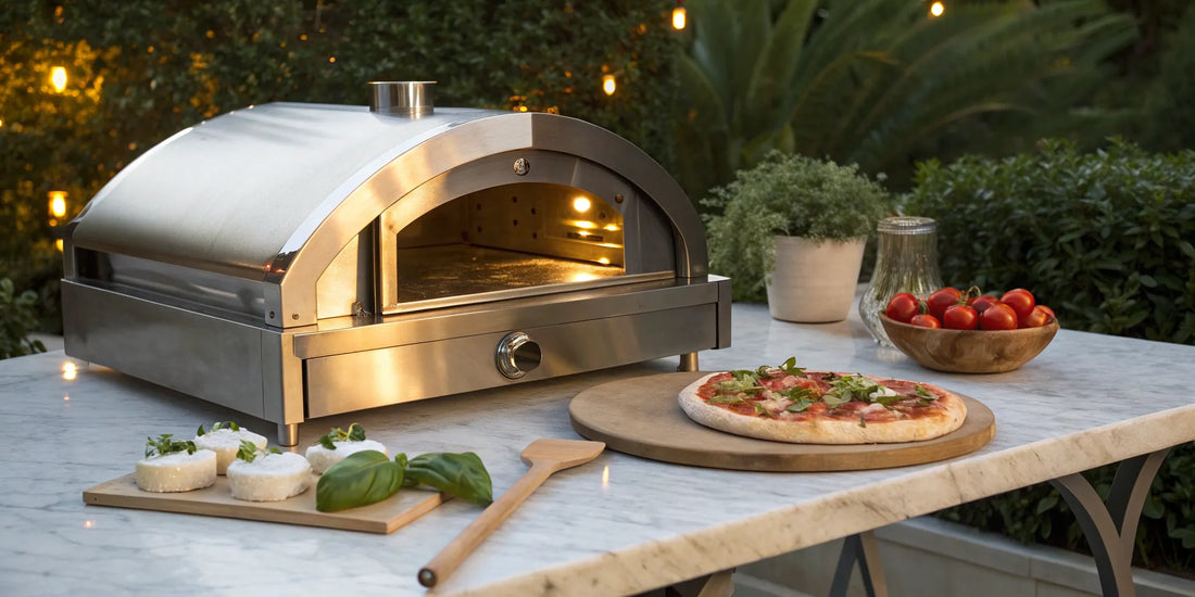 The best gas patio pizza oven on an outdoor table with a freshly baked pizza.
