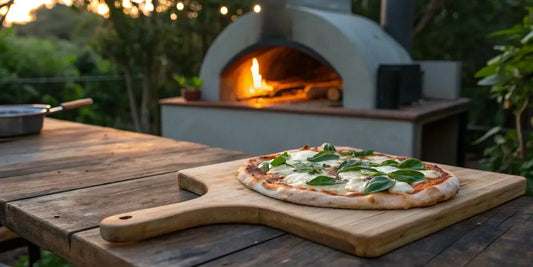 The best wooden pizza peel sliding a fresh pizza into a wood-fired oven.