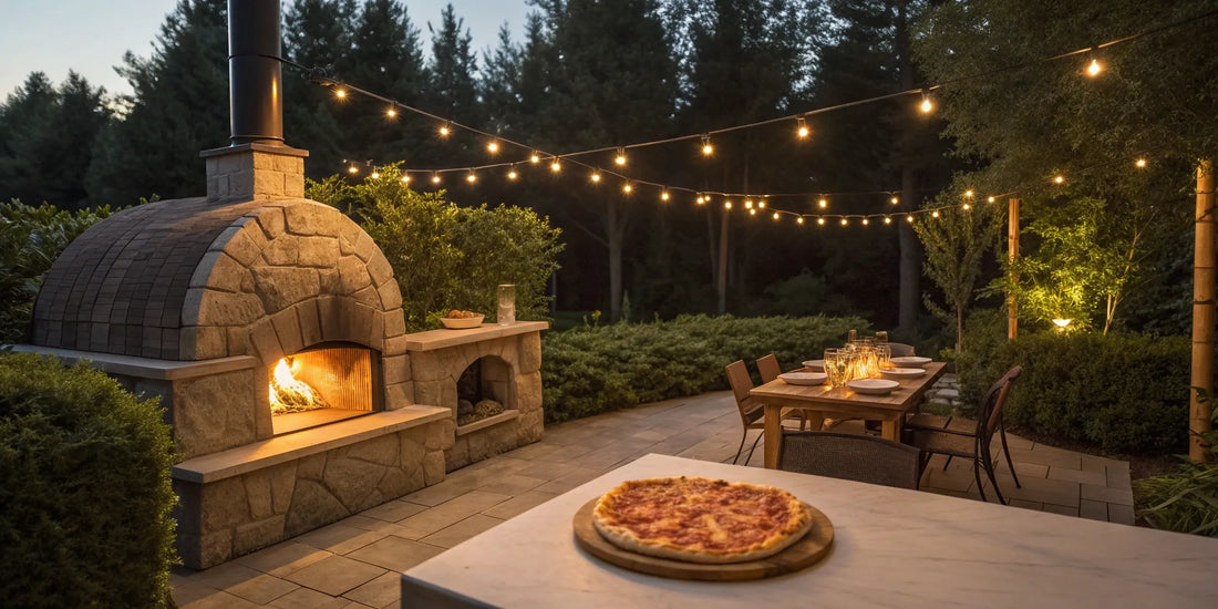 A stone pizza oven on a patio with a fresh pizza, a stunning idea for outdoor entertaining.