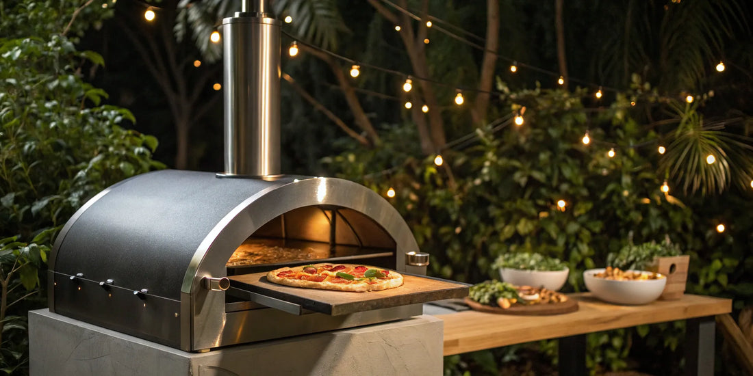 A commercial Italian pizza oven with a fire baking a fresh pizza.