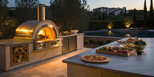 Outdoor dual fuel pizza oven for sale with wood storage and a fresh pizza on its countertop.