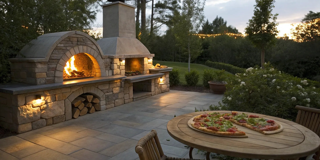 A freestanding outdoor pizza oven with a fire burning and fresh pizzas on a nearby table.