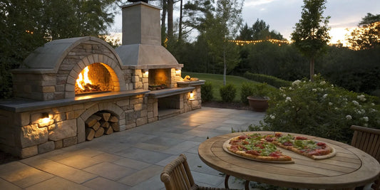 A freestanding outdoor pizza oven with a fire burning and fresh pizzas on a nearby table.