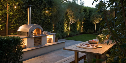 A wood-fired backyard pizza oven with a freshly baked pizza on a table in an outdoor kitchen.