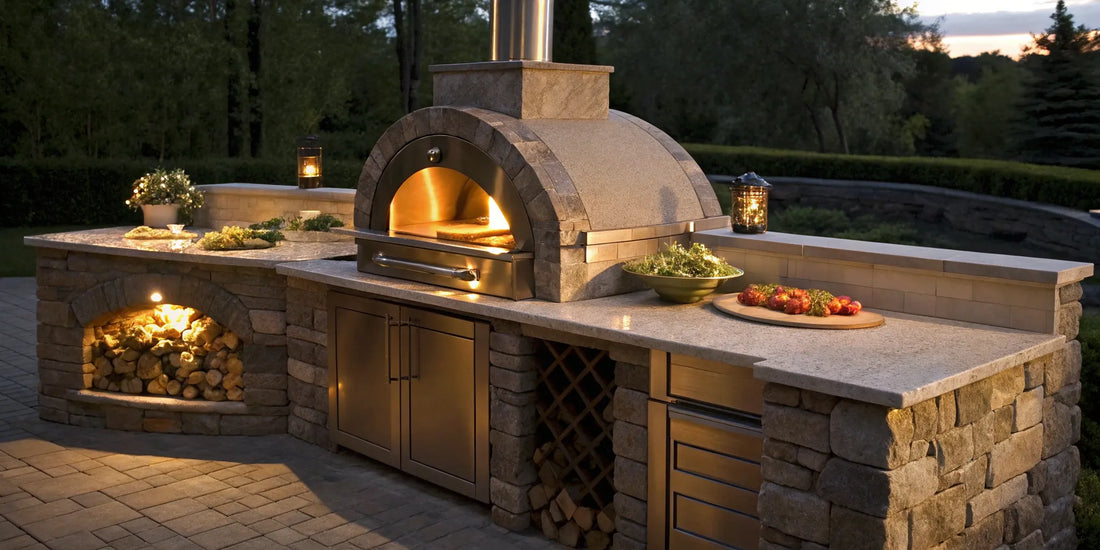 A luxury outdoor kitchen with a stone finish and one of the best built-in pizza ovens.