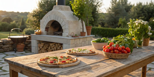 A DIY pizza oven built from a kit with freshly baked pizzas on an outdoor table.
