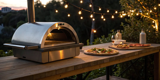 A freestanding pizza oven on a patio with two freshly cooked pizzas ready to be served.