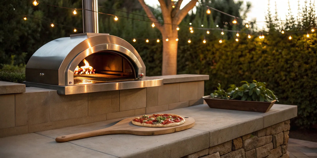 A hybrid pizza oven for sale with a wood fire, cooking a pizza on a peel in an outdoor kitchen.