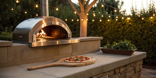 A hybrid pizza oven for sale with a wood fire, cooking a pizza on a peel in an outdoor kitchen.