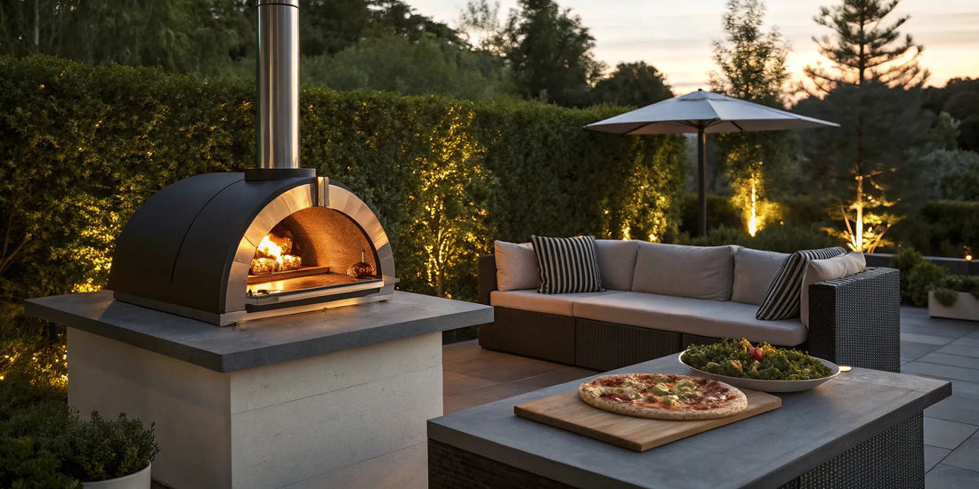 The best multi-fuel pizza oven on an outdoor patio with a freshly cooked pizza.
