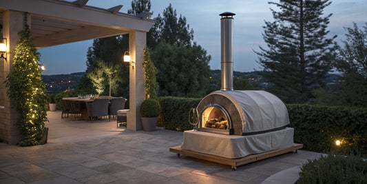 A pizza oven cover with a chimney opening fitted on an outdoor oven.
