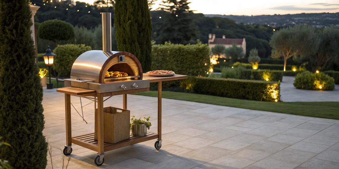 Stainless steel pizza oven on a mobile wooden stand with wheels in a backyard.