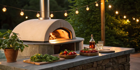 Outdoor pizza oven with a pizza stone, set for a backyard pizza night.