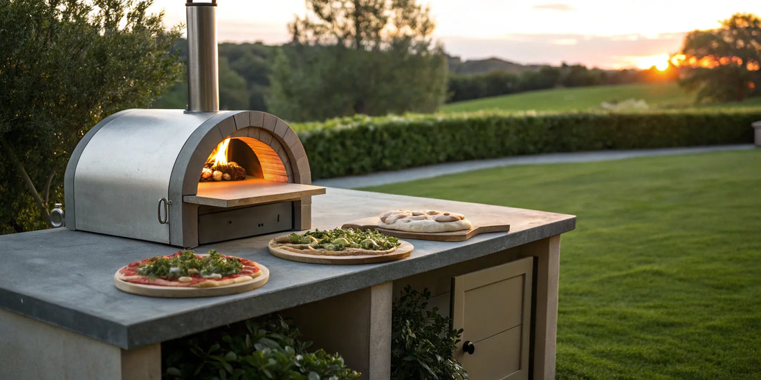 A portable outdoor pizza oven making a fresh pizza, a top choice to buy for backyard cooking.