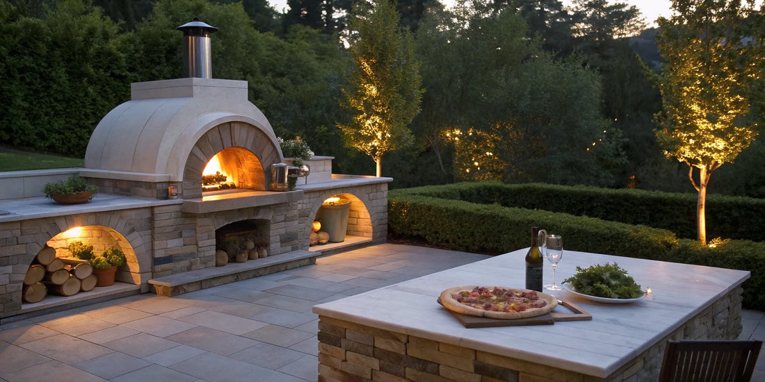A portable propane pizza oven on an outdoor patio with a freshly cooked pizza.