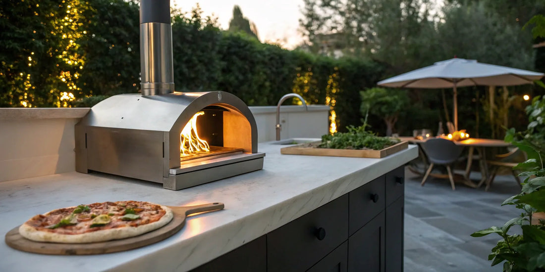 Portable wood burning pizza oven on an outdoor countertop with a fresh pizza.