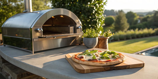 One of the best propane pizza ovens with a fresh pizza on a peel.