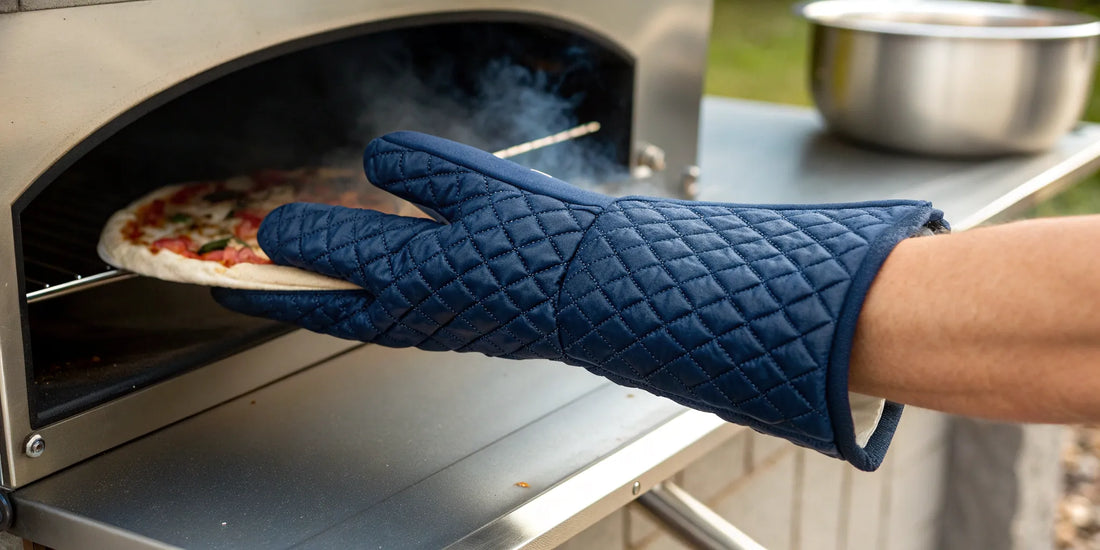 A cook using silicone oven gloves to safely remove a hot dish from an oven.