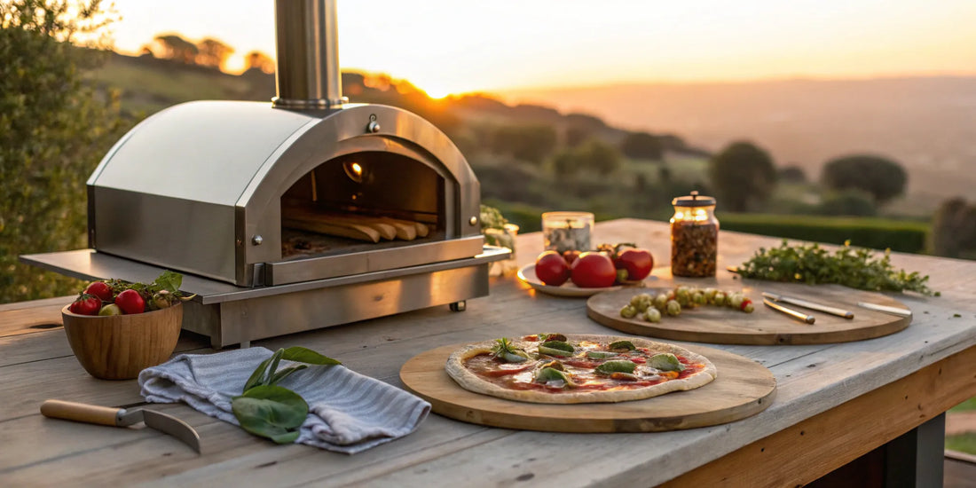 The best stainless steel outdoor pizza oven on a patio, cooking a fresh pizza at sunset.