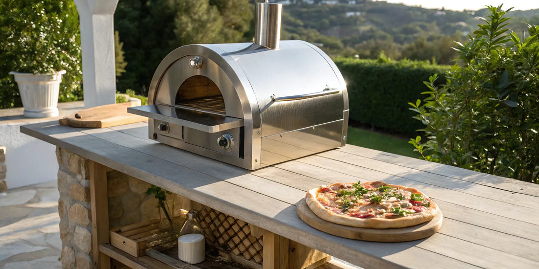 A premium stainless steel pizza oven on a counter with a freshly baked pizza.