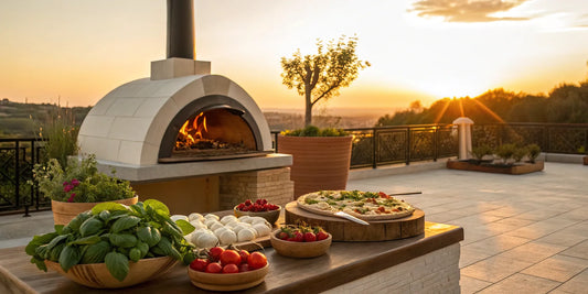 Wood burning pizza oven with a fire baking a fresh pizza topped with mozzarella and basil.