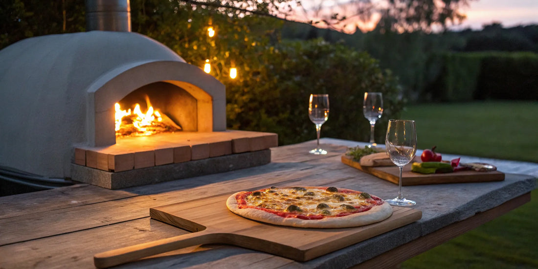 A hot stone pizza oven with a freshly baked pizza on a wooden peel.