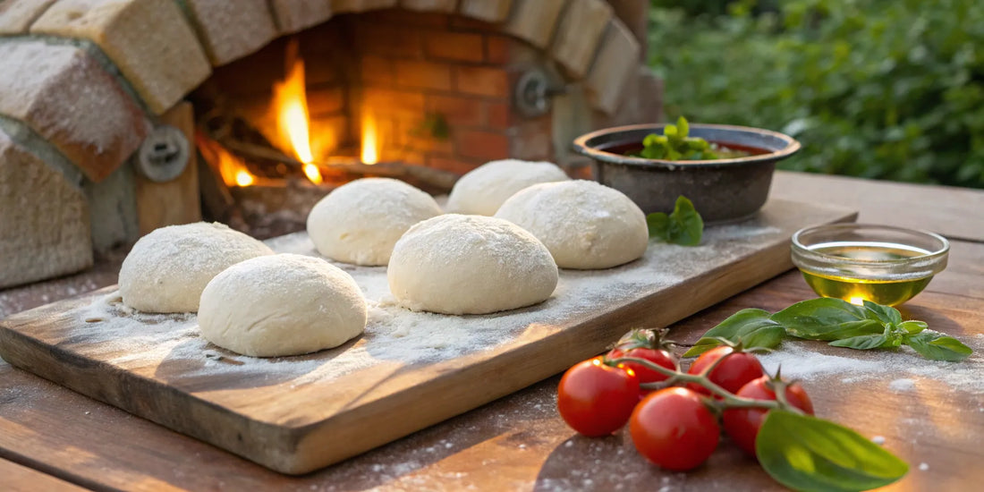 Best frozen pizza dough balls on a floured board with tomatoes and basil for a wood-fired pizza oven.