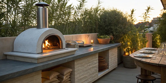 Buy a pizza oven cover online for an outdoor pizza oven on a patio.