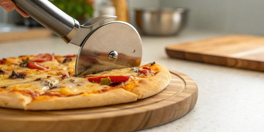 Sharp stainless steel pizza cutter slicing a pizza on a wooden board.