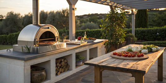 Outdoor countertop pizza oven with a freshly made pizza and vegetable toppings.