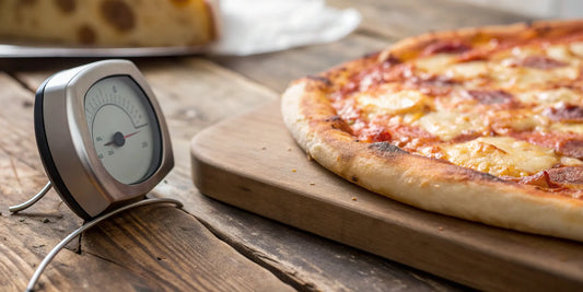 A digital oven thermometer displaying the temperature next to a freshly baked pizza.