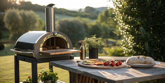 Best outdoor pizza oven with stand on a backyard patio with a freshly baked pizza.