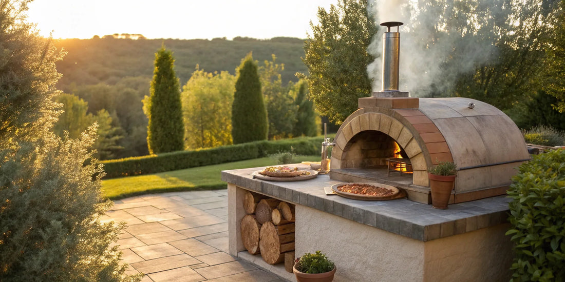 One of the best residential wood fired pizza ovens cooking pizzas in a backyard.