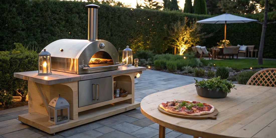 An Alfa Forni natural gas pizza oven on an outdoor patio with a freshly cooked pizza.