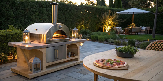 An Alfa Forni natural gas pizza oven on an outdoor patio with a freshly cooked pizza.