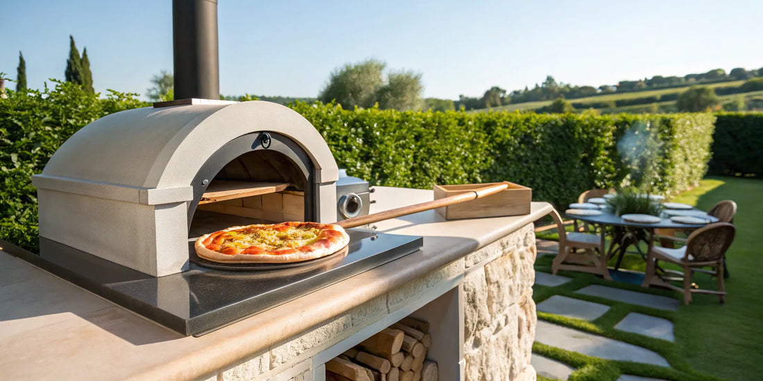 Built-in outdoor gas pizza oven with a fresh pizza on a peel in a backyard kitchen.