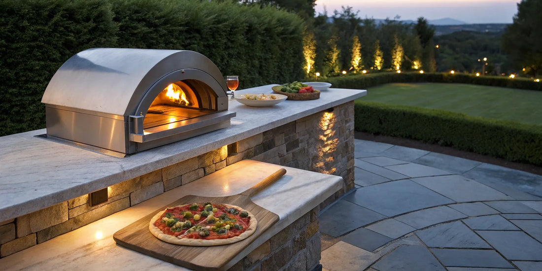 An Alfa Forni built in pizza oven on an outdoor countertop with a freshly baked pizza.