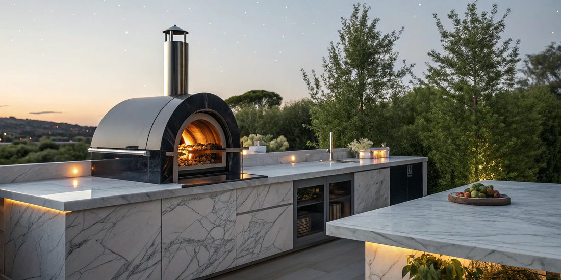 Alfa Forni countertop pizza oven on a modern outdoor kitchen counter.