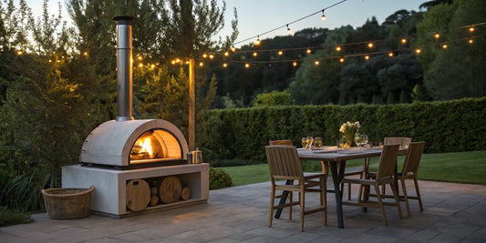 Freestanding Alfa Forni pizza oven on a patio set for outdoor dining.