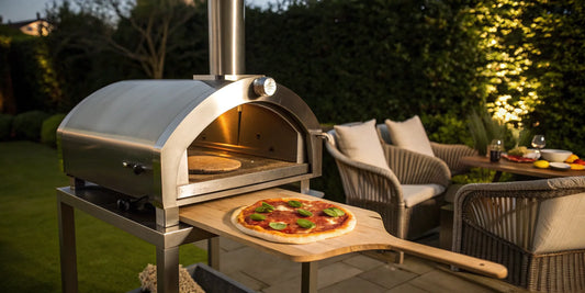 Alfa Forni Nano tabletop pizza oven with a fresh pizza on a peel.