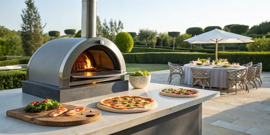 An Alfa Forni pizza oven on its matching base, cooking on an outdoor patio.