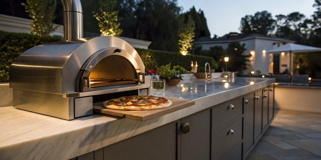 A fresh pizza in an Alfa Forni stainless steel pizza oven for sale on an outdoor counter.