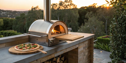 Alfa hybrid pizza oven with a wood fire cooking a pizza.