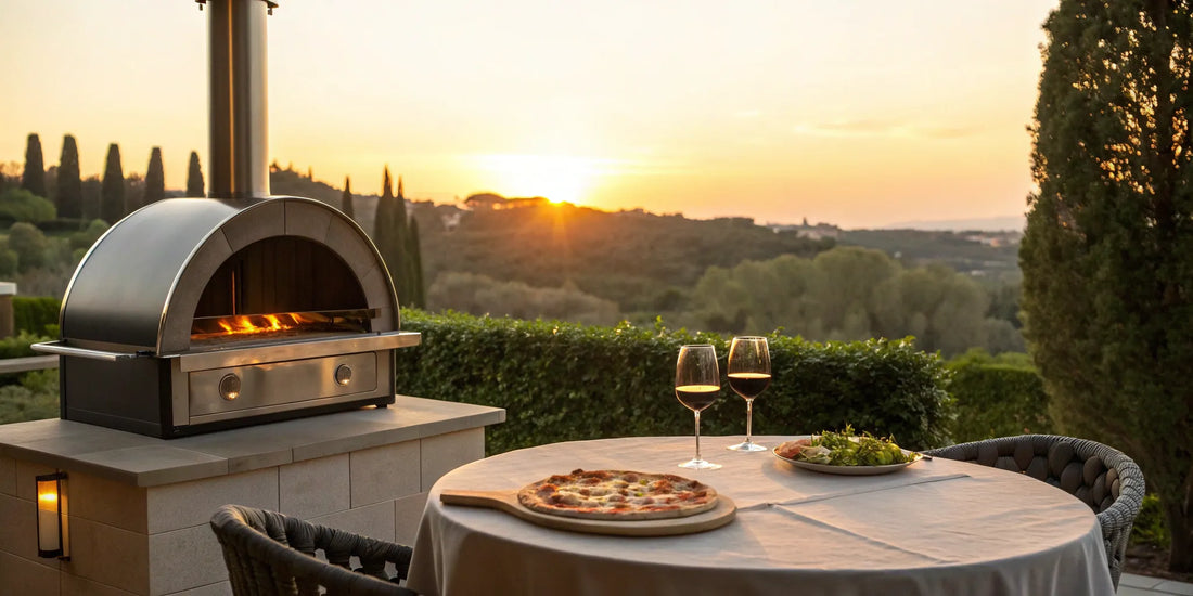 An Alfa pizza oven on an outdoor patio with a freshly cooked pizza.