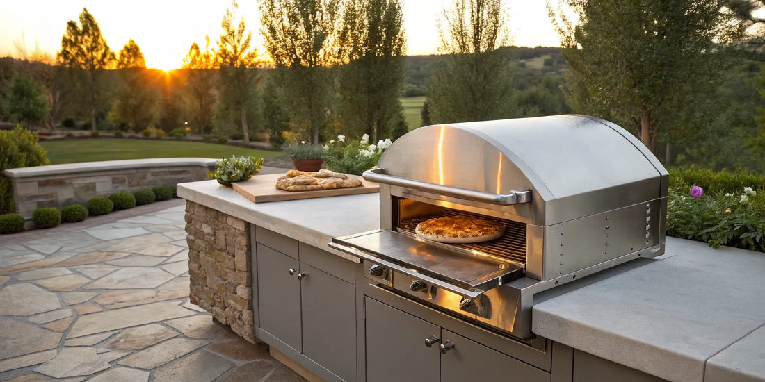 An authentic Italian pizza baking in a backyard Alfa pizza oven.