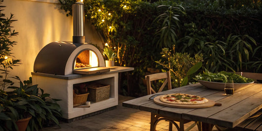 Alpha Pro Piccolo wood fired pizza oven with a freshly cooked pizza on an outdoor table.