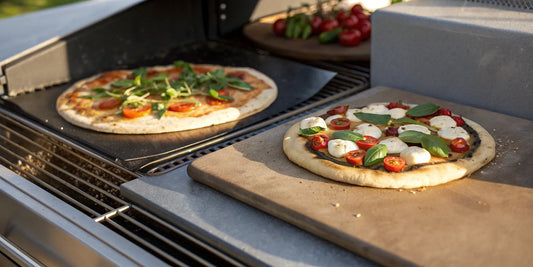 A side-by-side comparison of pizzas baking on a steel and a stone.
