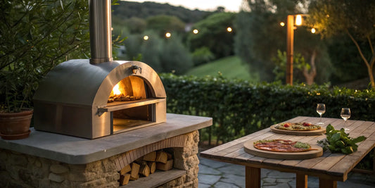 A roaring outdoor pizza oven with freshly baked pizzas on a wooden table.