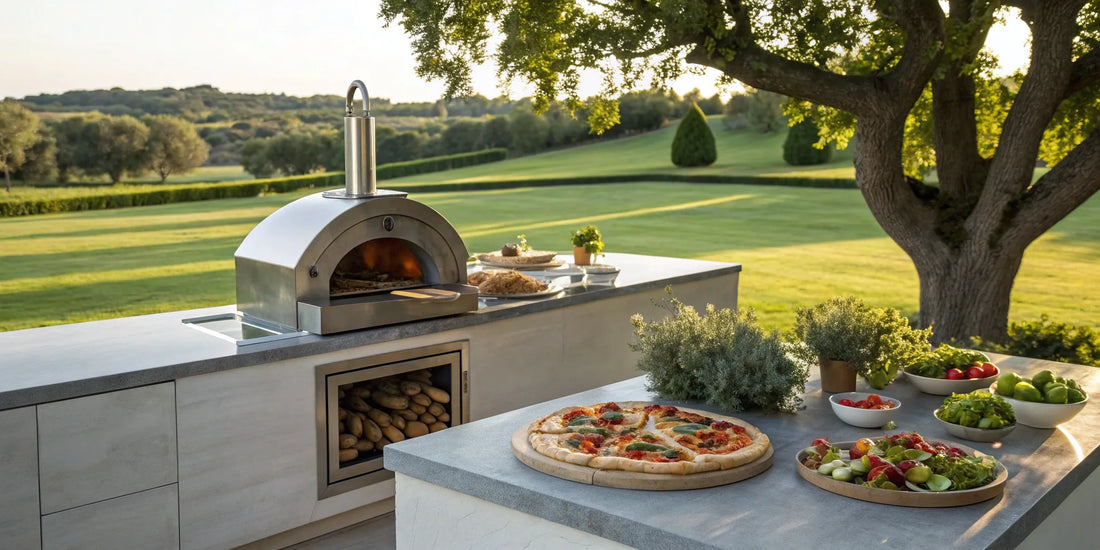 Built-in gas pizza oven for sale in a stylish outdoor kitchen with a freshly made pizza.